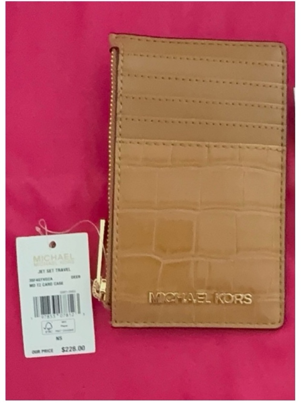 NWT MICHAEL KORS Jet Set Travel Croc Embossed Zip Card Case Wallet Deer Tan NEW
